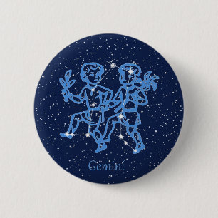 Badge Rond 5 Cm Gemini Constellation and Zodiac Sign with Stars