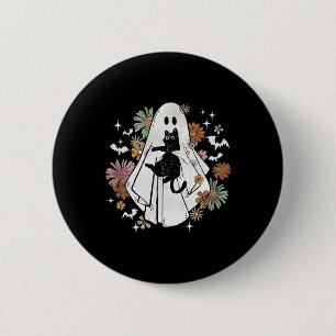 Badge Rond 5 Cm Ghost Holding Chat noir Super Floral Halloween Go