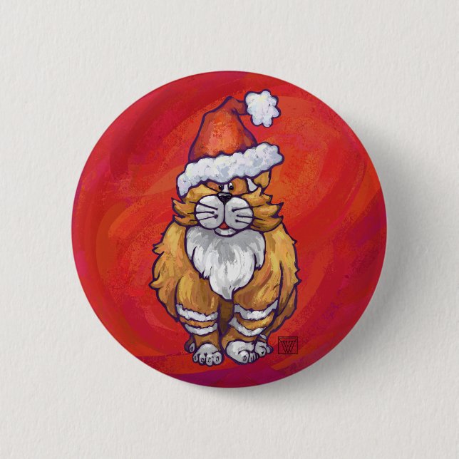 Badge Rond 5 Cm Ginger Chat Noël Sur Rouge (Devant)