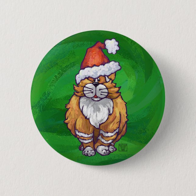 Badge Rond 5 Cm Ginger Chat Noël Sur Vert (Devant)