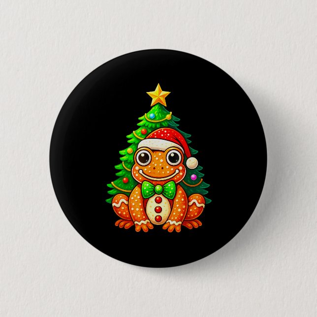 Badge Rond 5 Cm Gingerbread Frog Wearing Santa Hat Christmas Tree  (Devant)