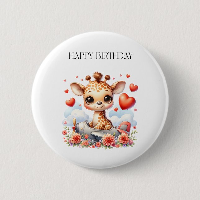 Badge Rond 5 Cm Girafe Avion Anniversaire (Devant)