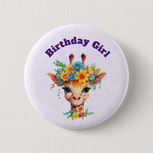 Badge Rond 5 Cm Girafe fille d'anniversaire avec couronne fleurie (Devant)