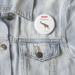 Badge Rond 5 Cm Giraffe de Noël animal drôle avec carte de chapeau