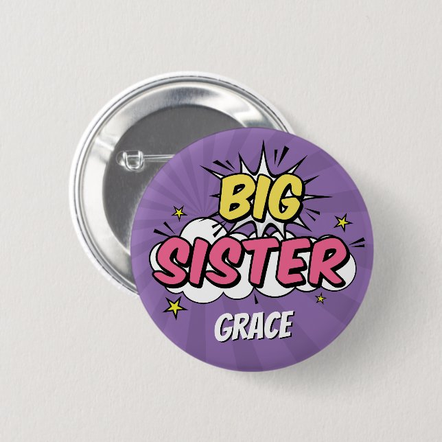 Badge Rond 5 Cm Girl Comic Book Superhero Baby shower Big Sister (Devant & derrière)