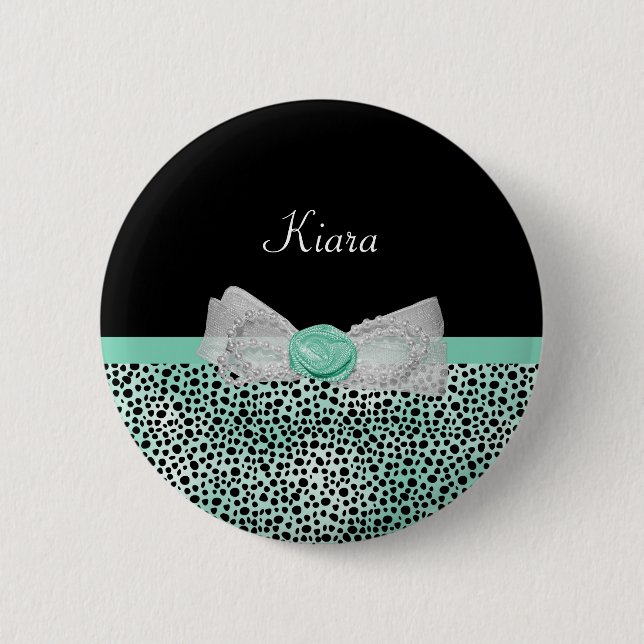 Badge Rond 5 Cm Girl Mint Green Cheetah Imprimer Cute Bow et nom (Devant)