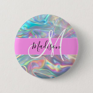 Badge Rond 5 Cm Girl Rainbow Holographic Iridescente Monogramme No