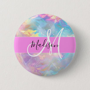 Badge Rond 5 Cm Girl Rainbow Holographic Iridescente Monogramme No