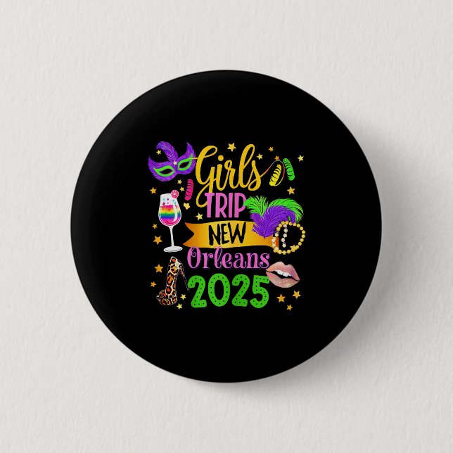 Badge Rond 5 Cm Girls Trip New Orleans 2025 Mardi Gras Mask Beads  (Devant)