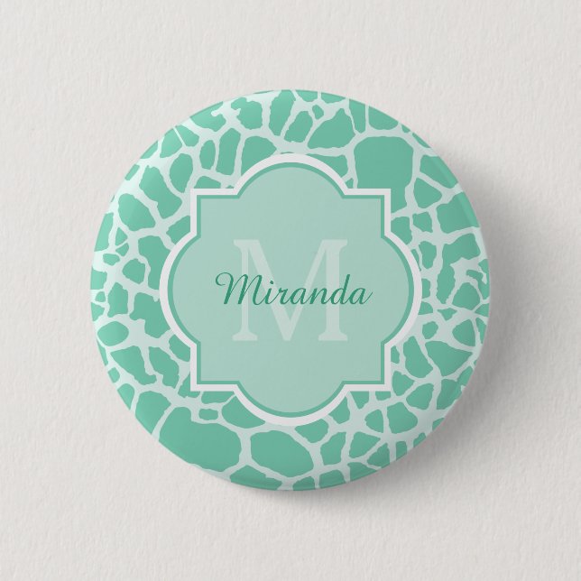 Badge Rond 5 Cm Girly Mint Green Giraffe Imprimer Monogramme et no (Devant)
