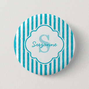 Badge Rond 5 Cm Girly Turquoise Peint Stripes Monogramme et nom