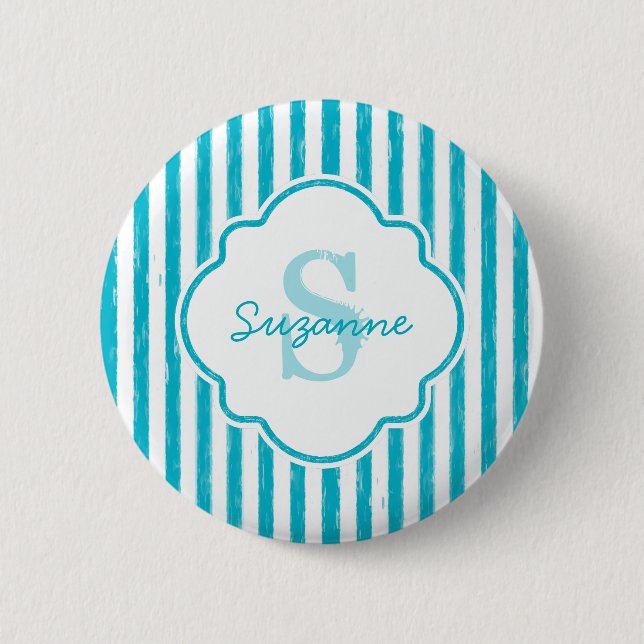 Badge Rond 5 Cm Girly Turquoise Peint Stripes Monogramme et nom (Devant)