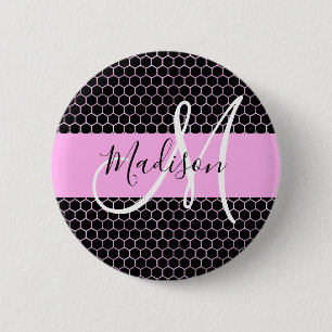 Badge Rond 5 Cm Glam Black Metallic Rose Honeycomb Nom du monogram