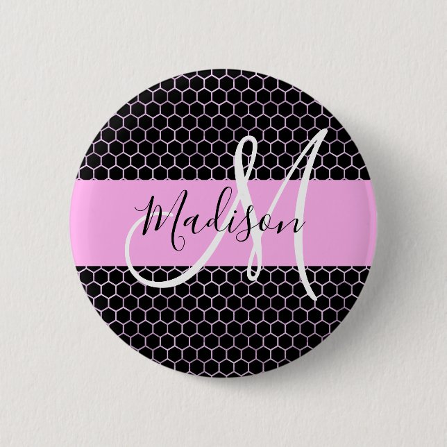 Badge Rond 5 Cm Glam Black Metallic Rose Honeycomb Nom du monogram (Devant)