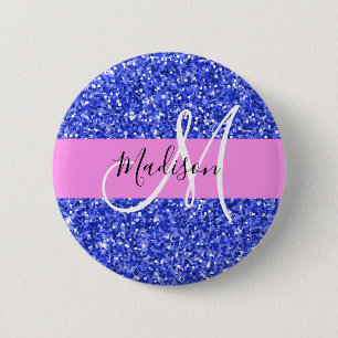 Badge Rond 5 Cm Glam Bleu foncé Rose Paillettes Étincelles Monogra
