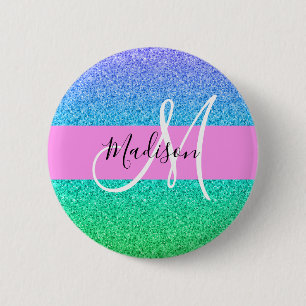 Badge Rond 5 Cm Glam Bleu Vert Paillettes Étincelles Dégradé Monog