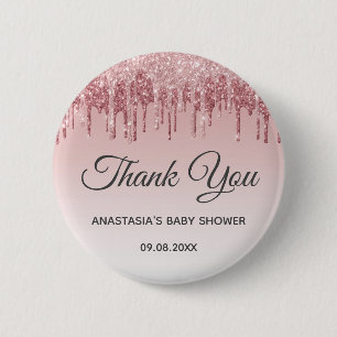 Badge Rond 5 Cm Glam Blush Rose Gold Pailleté Merci Baby Shower