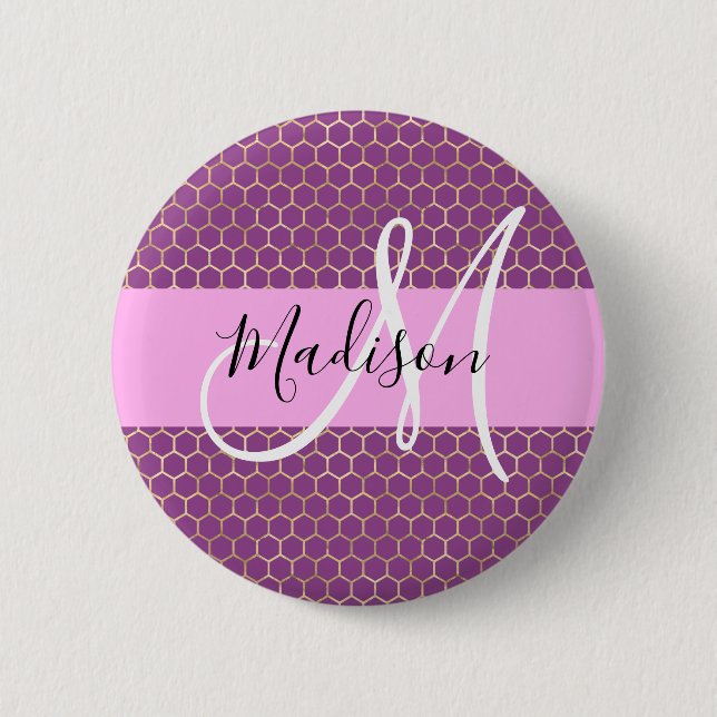 Badge Rond 5 Cm Glam Fuchsia Metallic rose Honeycomb Nom (Devant)