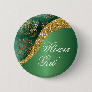 Badge Rond 5 Cm Glam Gold Parties scintillant Vert Fleur métalliqu