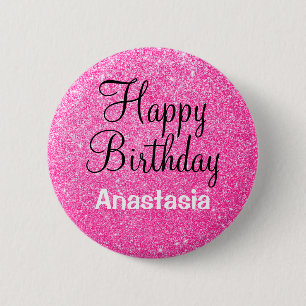 Badge Rond 5 Cm Glam Happy Birthday Hot Pink Parties scintillant N