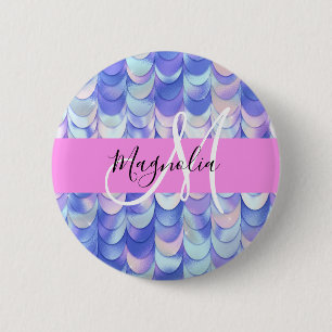 Badge Rond 5 Cm Glam Iridescent Écailles de Sirène Monogramme Bleu