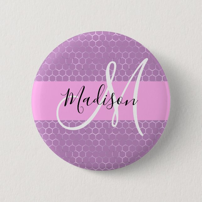 Badge Rond 5 Cm Glam Lilac Metallic rose Honeycomb Nom (Devant)