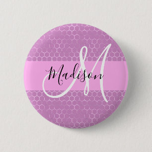 Badge Rond 5 Cm Glam Lilas Métallisé Rose Nid d'Abeille Monogramme