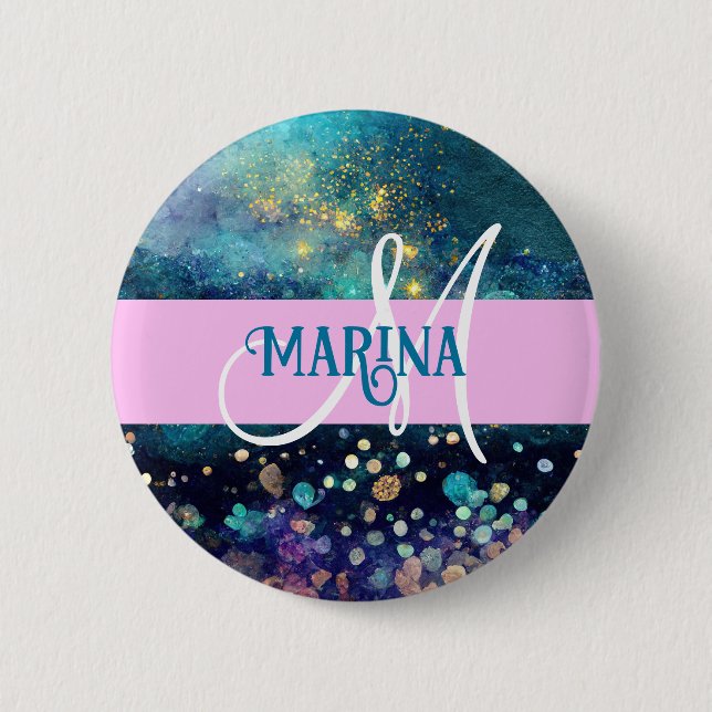 Badge Rond 5 Cm Glam Mermaid Aqua Gold Parties scintillant étincel (Devant)
