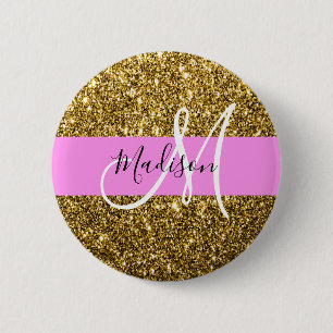 Badge Rond 5 Cm Glam Parties scintillant rose et or étincelles Nom