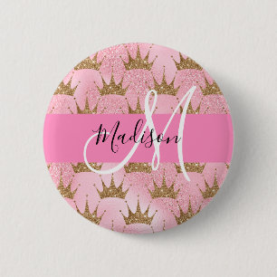Badge Rond 5 Cm Glam Pink & Gold Glitter Sparkles Crowns Monogram