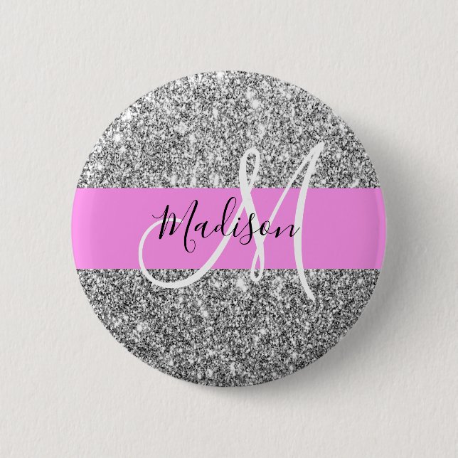 Badge Rond 5 Cm Glam Pink & Silver Glitter Sparkles Monogram Name (Devant)