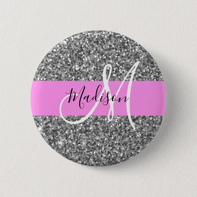 Badge Rond 5 Cm Glam Pink & Silver Glitter Sparkles Monogram Name (Devant)