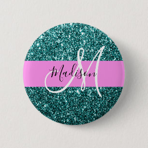 Badge Rond 5 Cm Glam Pink Turquoise Parties scintillant verte Nom