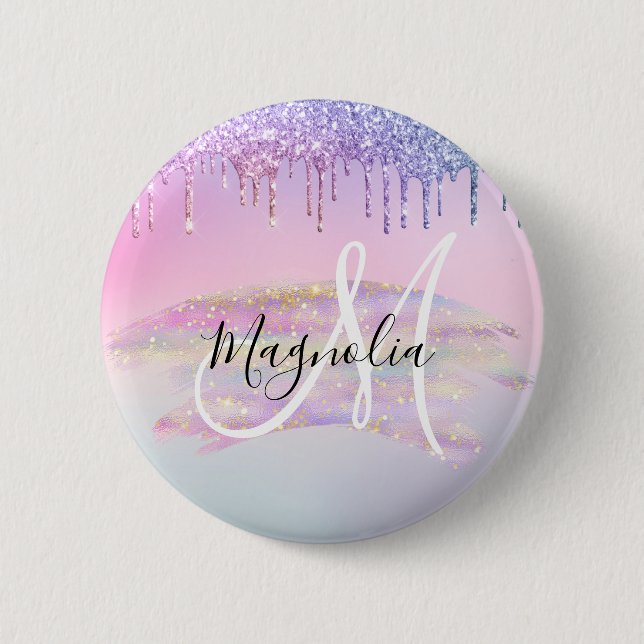 Badge Rond 5 Cm Glam Rainbow Unicorn Ombre Parties scintillant Mon (Devant)