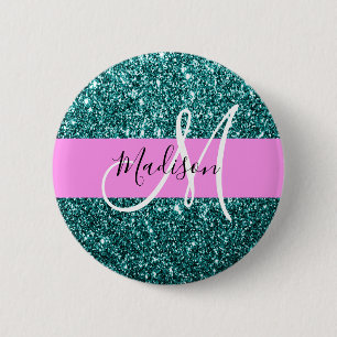 Badge Rond 5 Cm Glam Rose Sarcelle Vert Paillettes Étincelle Monog