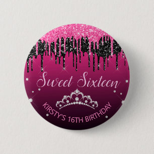 Badge Rond 5 Cm Glamour Noir & Rose Paillettes qui dégoulinent Dou