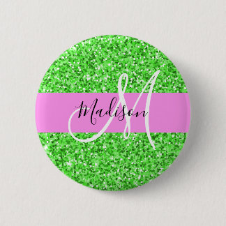 Badge Rond 5 Cm Glamour Rose et Vert Paillettes Monogramme Nom