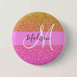 Badge Rond 5 Cm Glamour Rose & Or Pailleté Brillant Dégradé Monogr