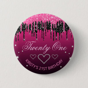 Badge Rond 5 Cm Glamourux Anniversaire Noir & Rose Paillettes qui