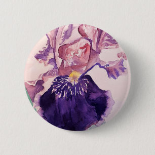 Badge Rond 5 Cm Glorioues Purple Iris Aquarelle Peinture