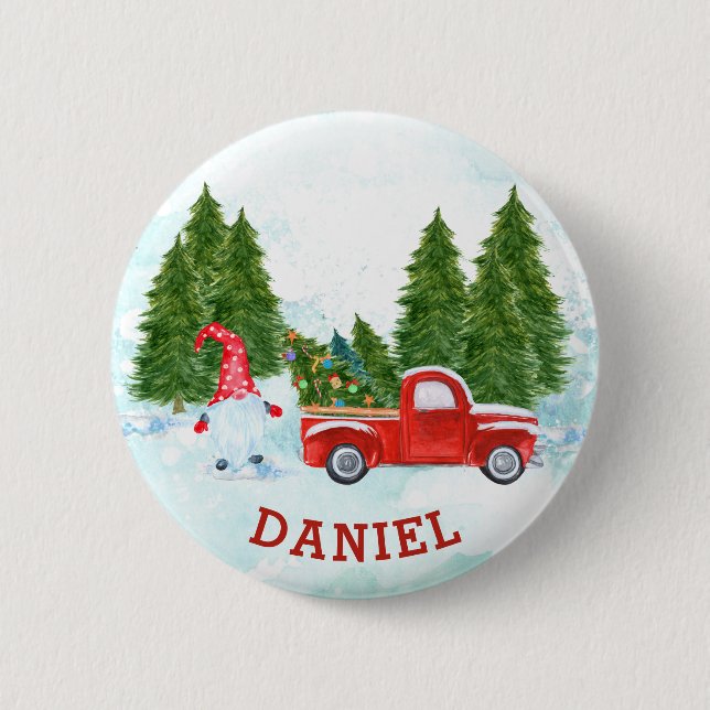 Badge Rond 5 Cm Gnome avec camion rouge de Noël (Devant)