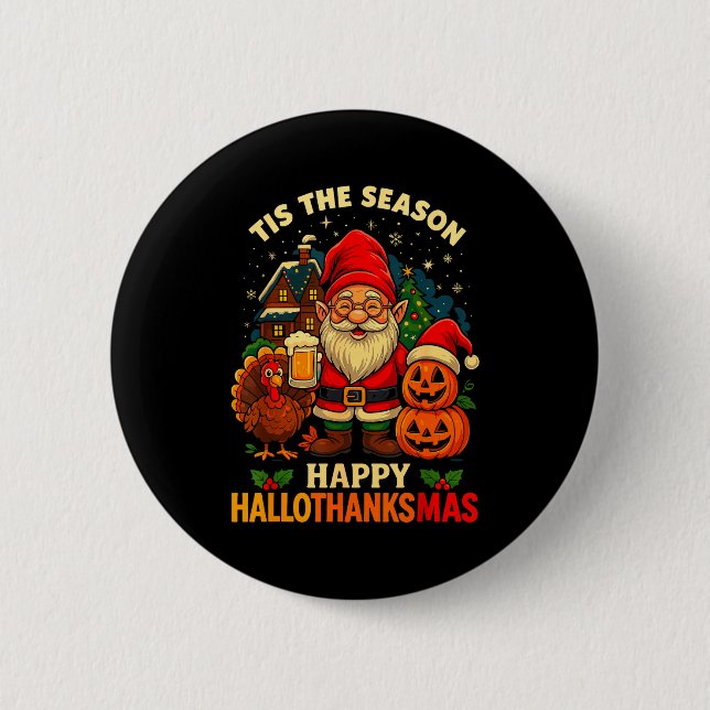 Badge Rond 5 Cm Gnome Happy Hallothanksmas Shirt Halloween Thanksg (Devant)