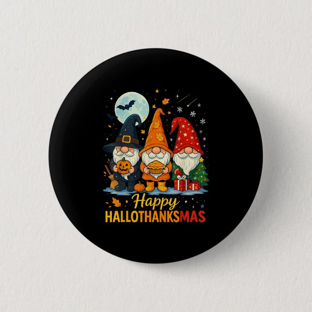 Badge Rond 5 Cm Gnome Joyeux Hallothanksmas Chemise Halloween Noël (Devant)