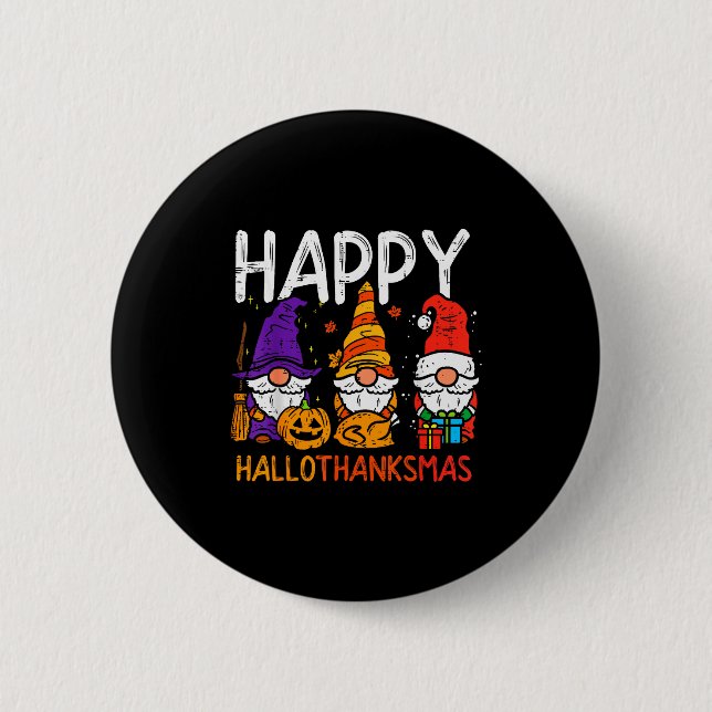 Badge Rond 5 Cm Gnomes Happy Hallothanksmas Halloween Thanksgiving (Devant)