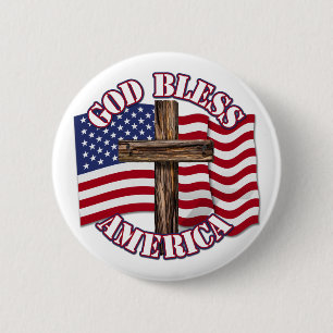 Badge Rond 5 Cm God Bless American with Usa Flag & Cross