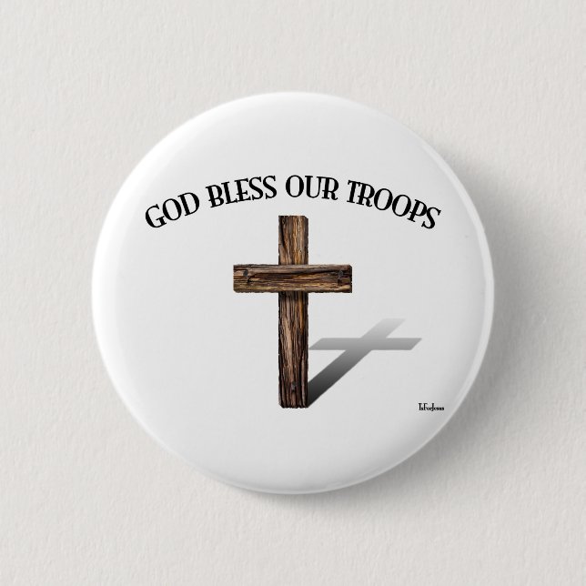 Badge Rond 5 Cm God Bless Our Troops with rugged cross (Devant)