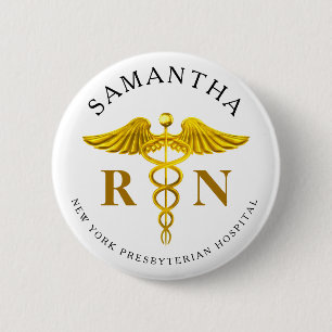 Badge Rond 5 Cm Gold Caduceus Infirmière inscrite Nom