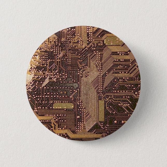 Badge Rond 5 Cm Gold Cyber Circuit Board Tech Art Electronique (Devant)