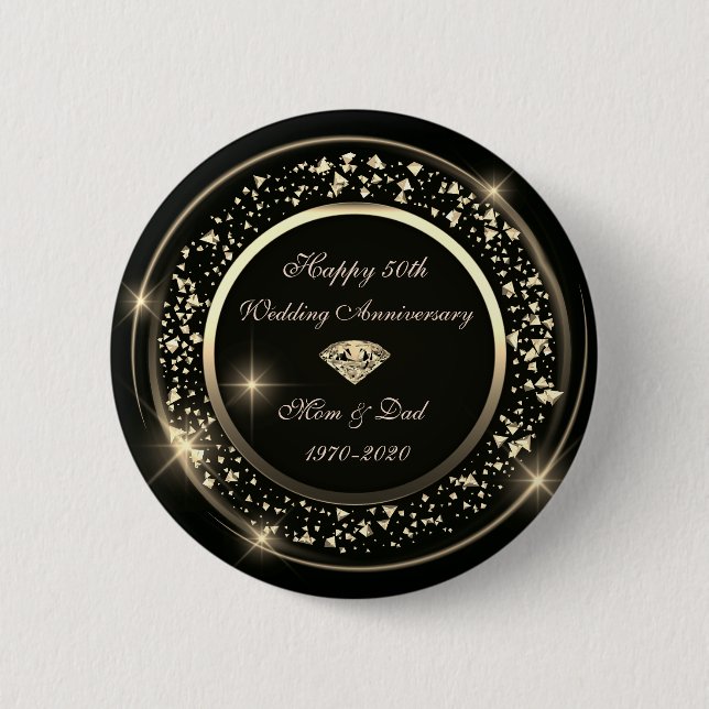 Badge Rond 5 Cm Gold Diamond brillant noir 50e anniversaire Mariag (Devant)