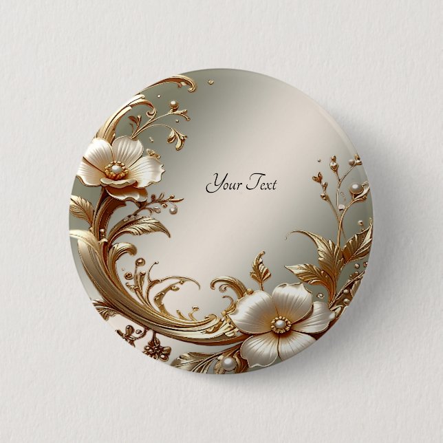 Badge Rond 5 Cm Gold Floral Button (Devant)